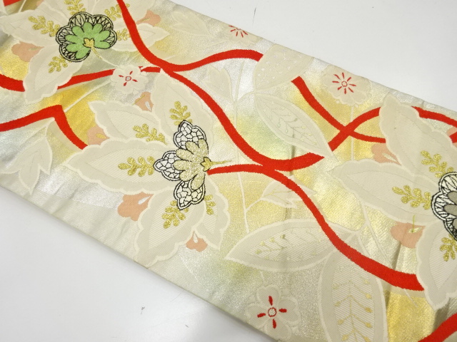 JAPANESE KIMONO / ANTIQUE NAGOYA OBI / SILK / WOVEN WAVY STRIPE & CHINESE FLOWERS